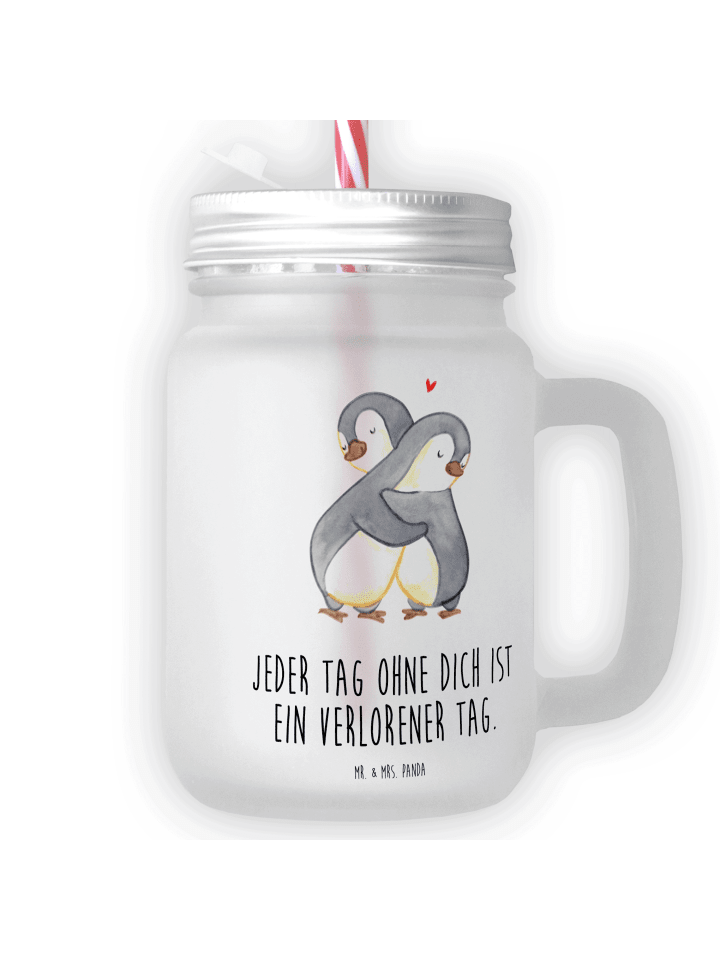 Glas Pinguine Kuscheln mit Spruch in Transparent