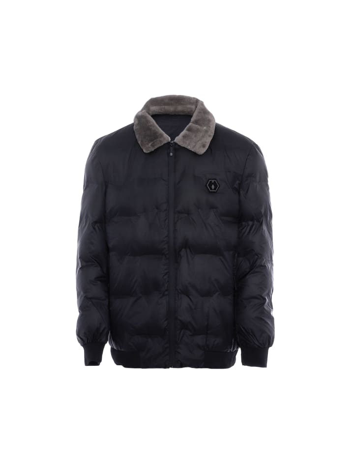Herren Steppjacke Mit Kunstfellkragen in Schwarz