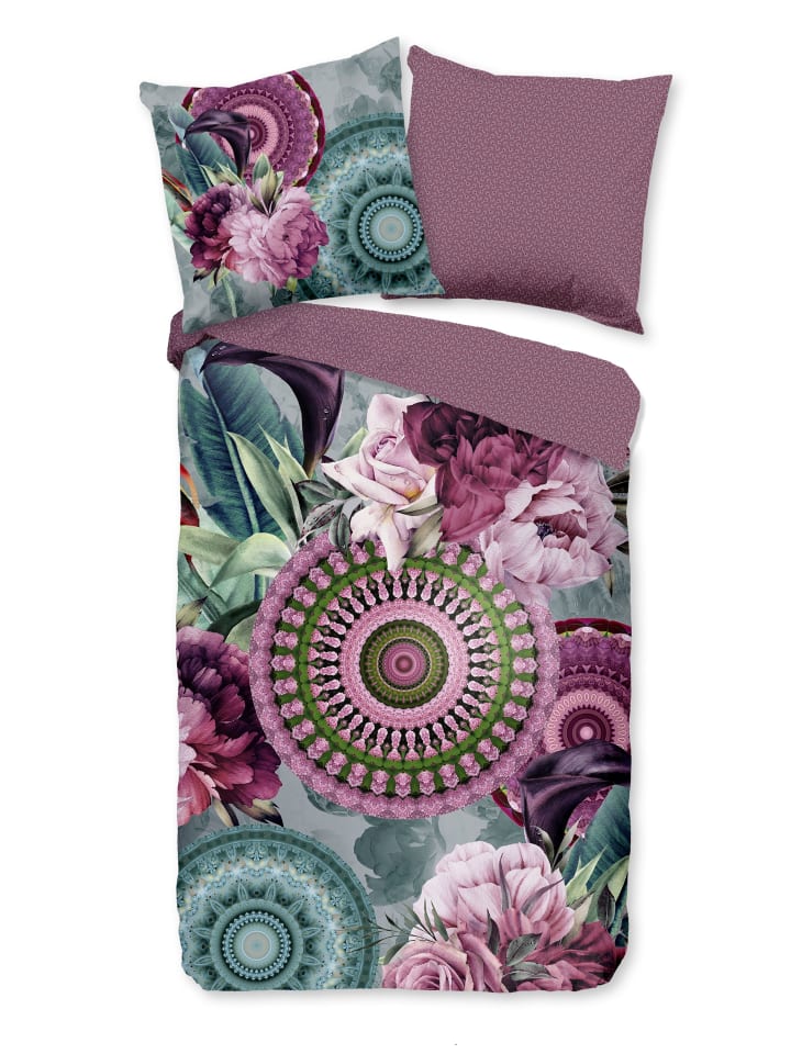 Satin Bettwäsche - Bandhura - Mandalas mit Blumen, mint, rosa in rosa
