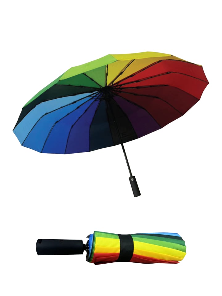 Regenbogen Taschenregenschirm mit Automatik & 16-facher Verstrebung in Schwarz