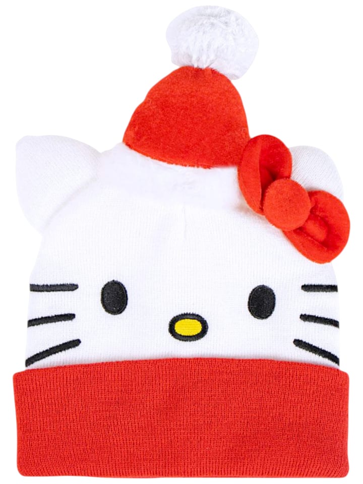 Hello Kitty Strickmütze mit Weihnachtsmütze & 3D-Schleife in Weiß