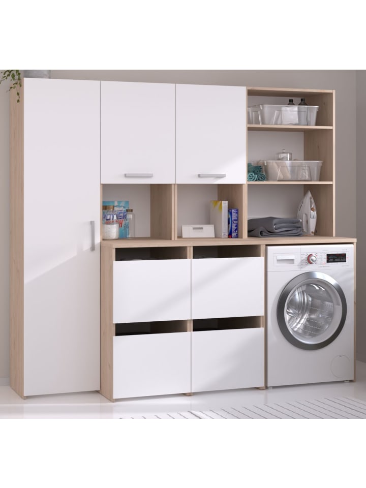 Waschmaschinenschrank weiß, Eiche Jackson, Set 3-teilig 204 cm mit viel Stauraum