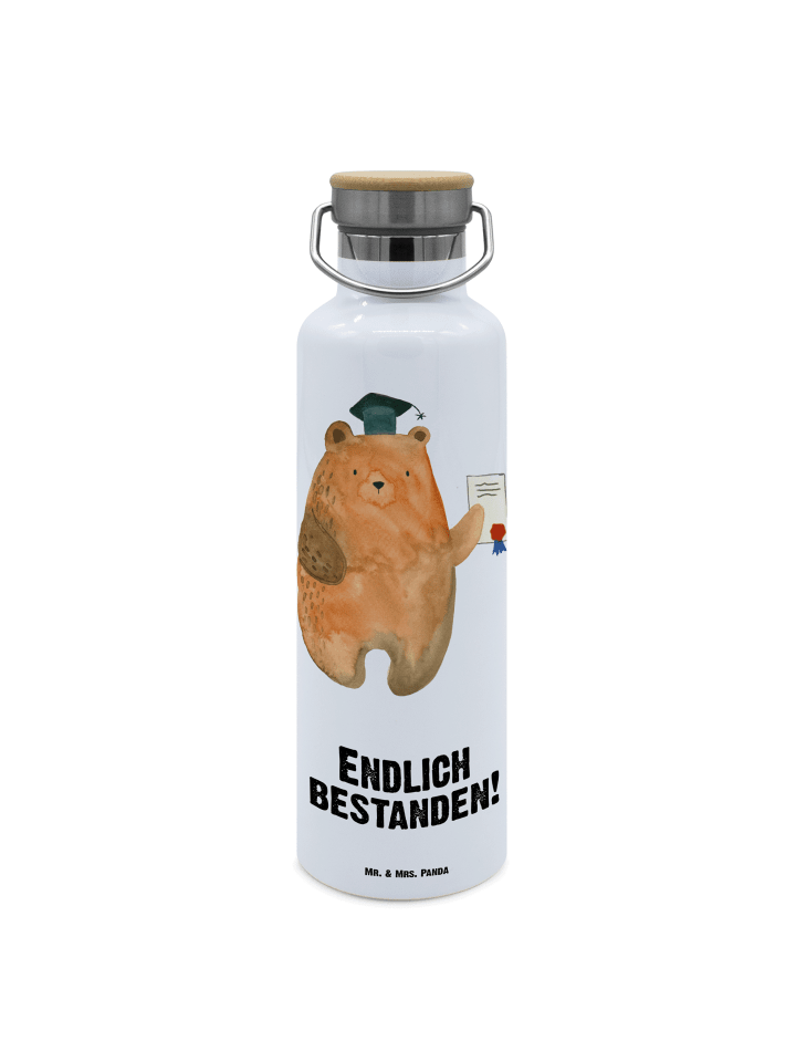 Thermo-Trinkflasche Bär Prüfung mit Spruch in Weiß