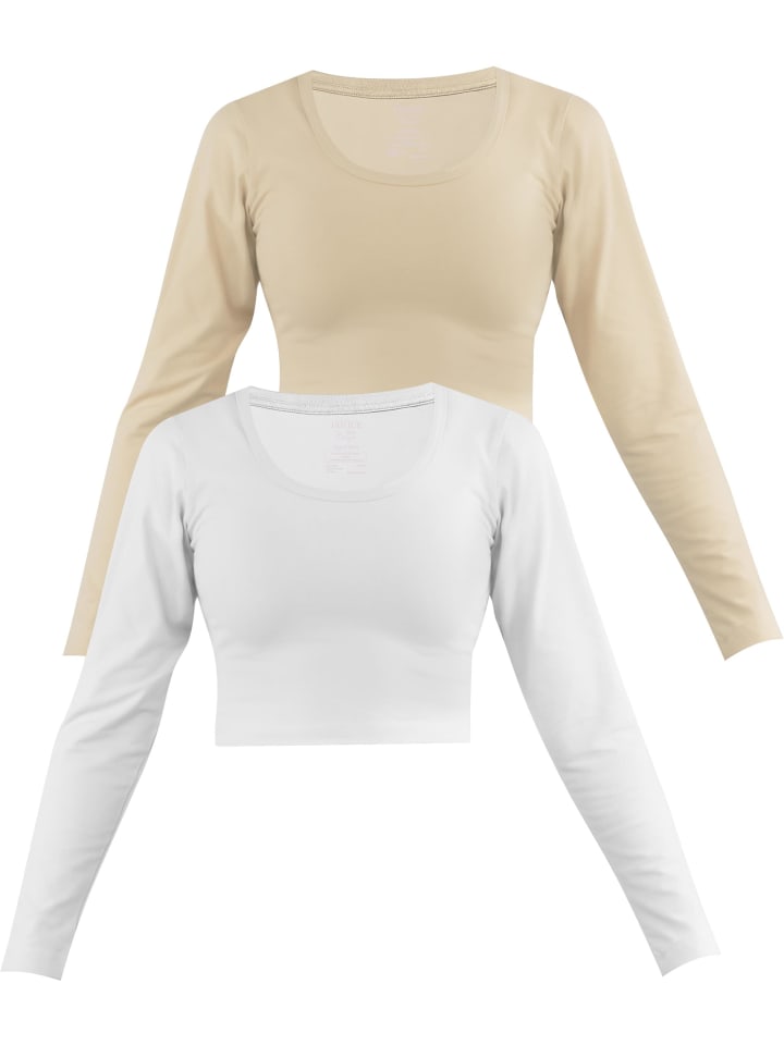 2 x Damen crop Langarmshirt Nerja in Beige/Weiß