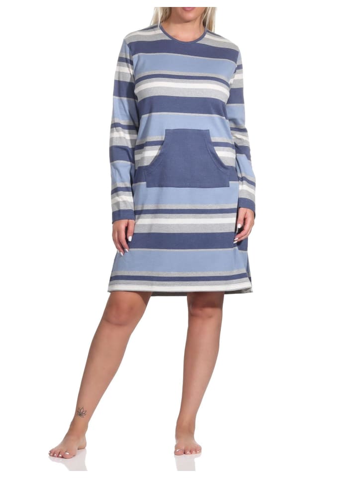 Nachthemd langarm Streifen interlock - 76432 in blau-melange