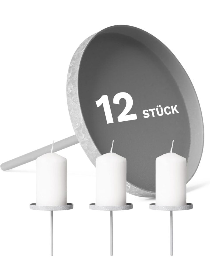 12x Kerzenpick Flach 8 cm GRAU Kerzenhalter für Adventskranz Kerzenpin in Grau