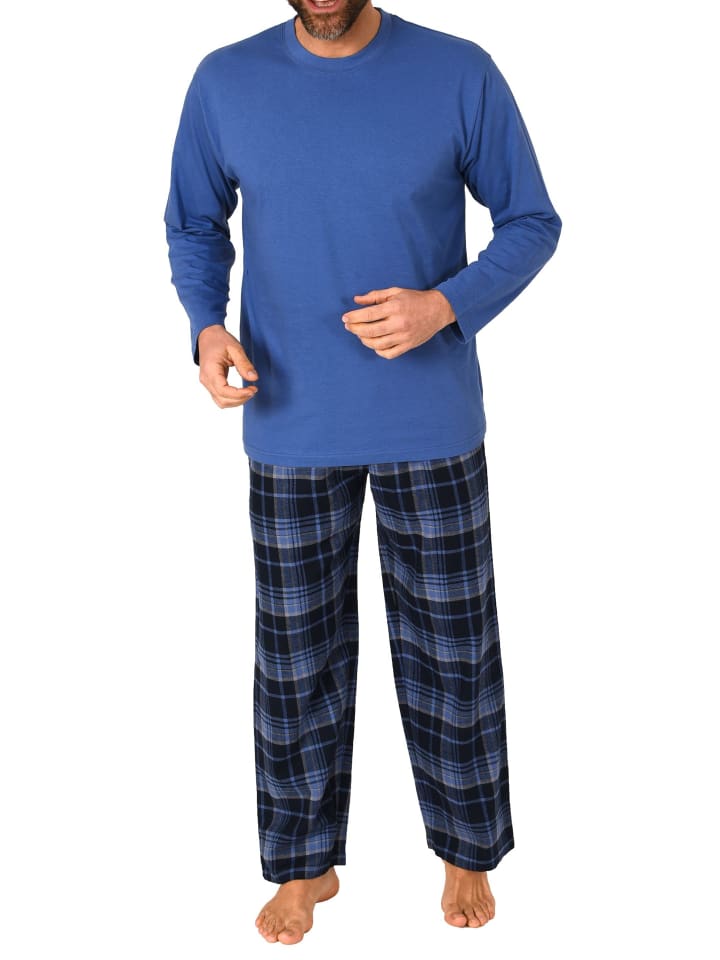 Schlafanzug lang Pyjama karierte FlanellHose - 76556 in blau