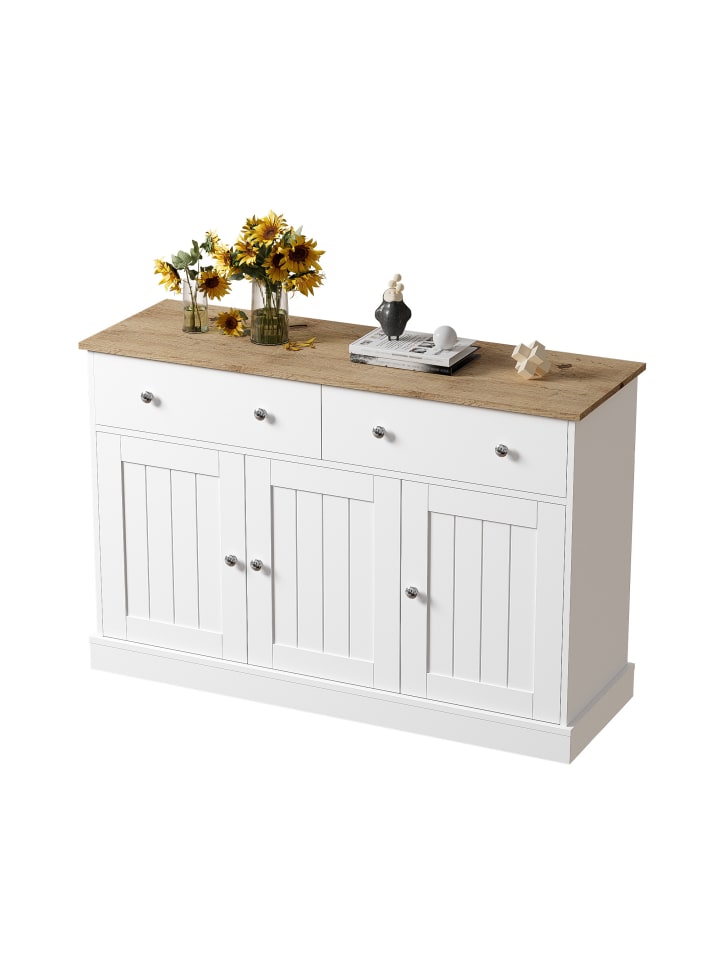Sideboard in Weiß mit geprägter Textur 120x36 cm Holzoptik 3 Türen 2 Schubladen