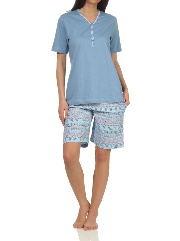 kurzarm Schlafanzug Shorty Pyjama Ethnolook in hellblau