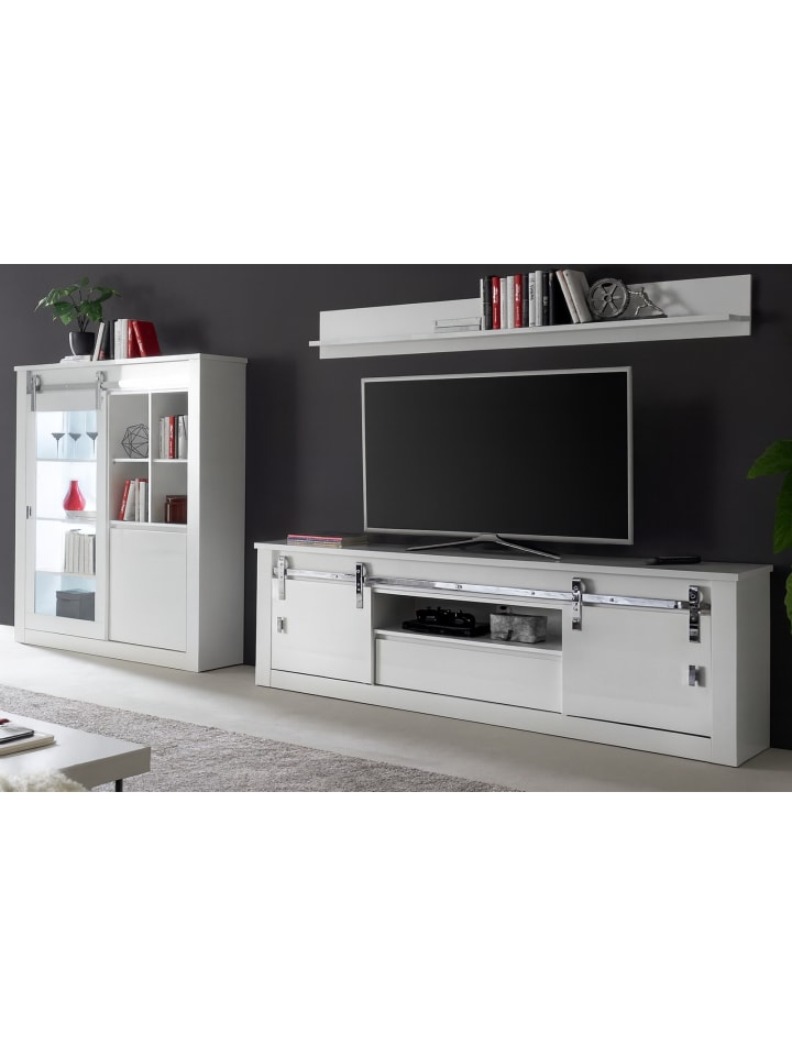Wohnwand weiß Hochglanz 3-teilig 349 x 170 cm, Wohnkombination mit Soft-Close