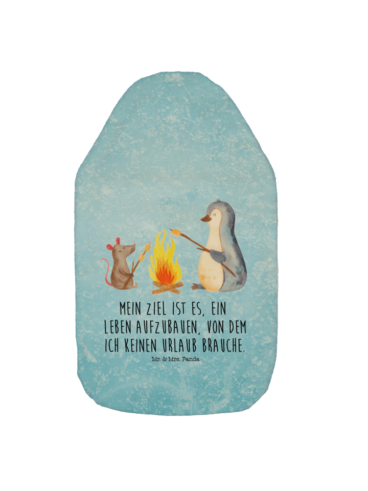 Wärmflasche Pinguin Lagerfeuer mit Spruch in Eisblau