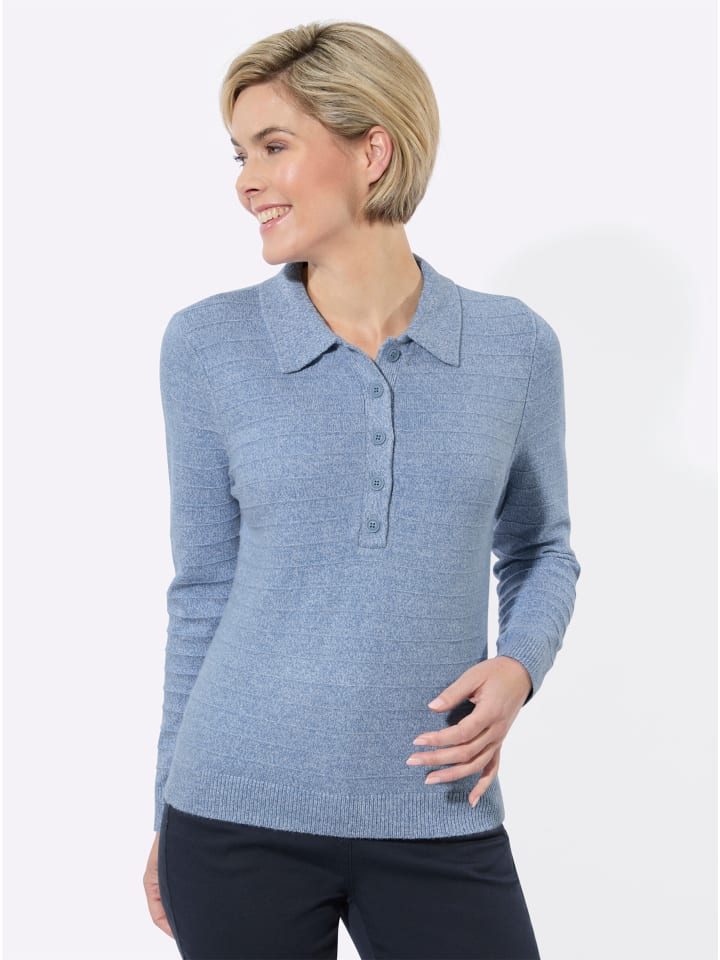 Polopullover in mittelblau-ecru-meliert