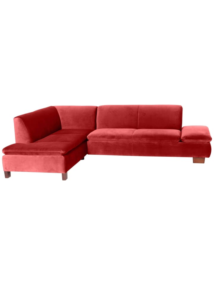 ECKSOFA mit Ottomane links Kaye Bezug Samtvelours Buche nussbaum dunkel / ziegel