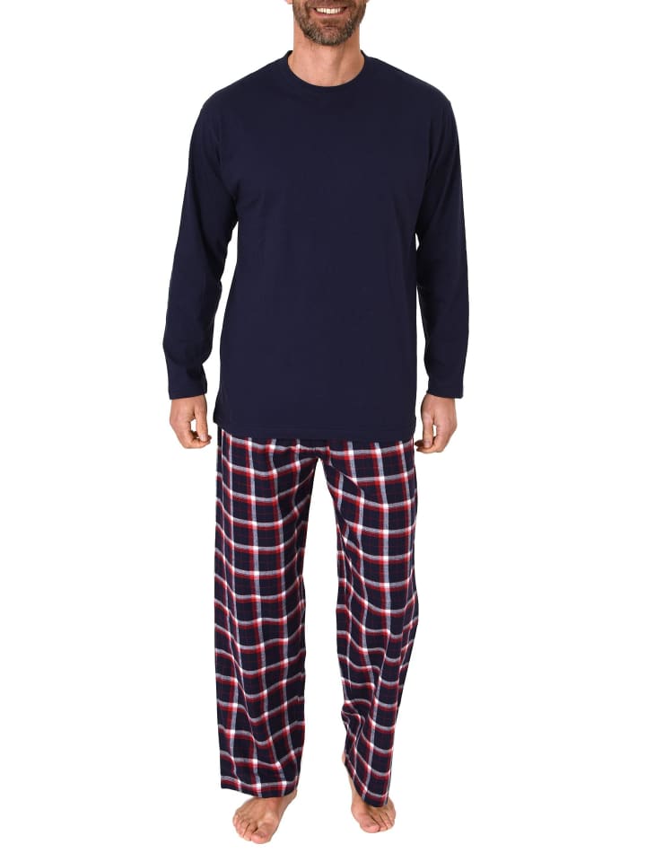 Schlafanzug lang Pyjama FlanellHose Karo - 75013 in marine