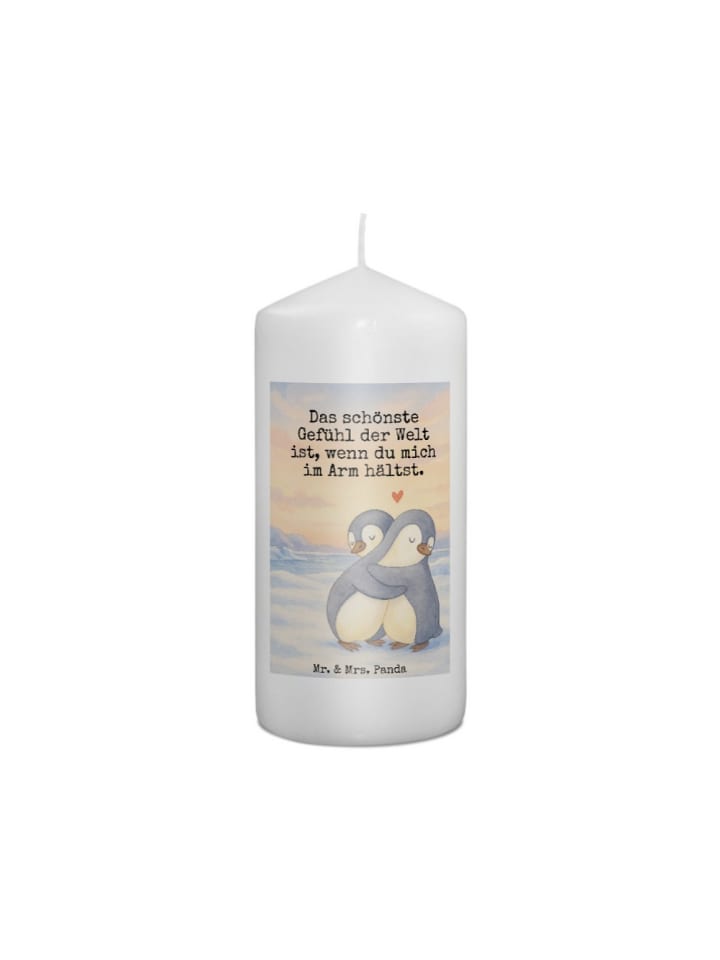 Kerze Pinguine Kuscheln Design mit Spruch in Weiß