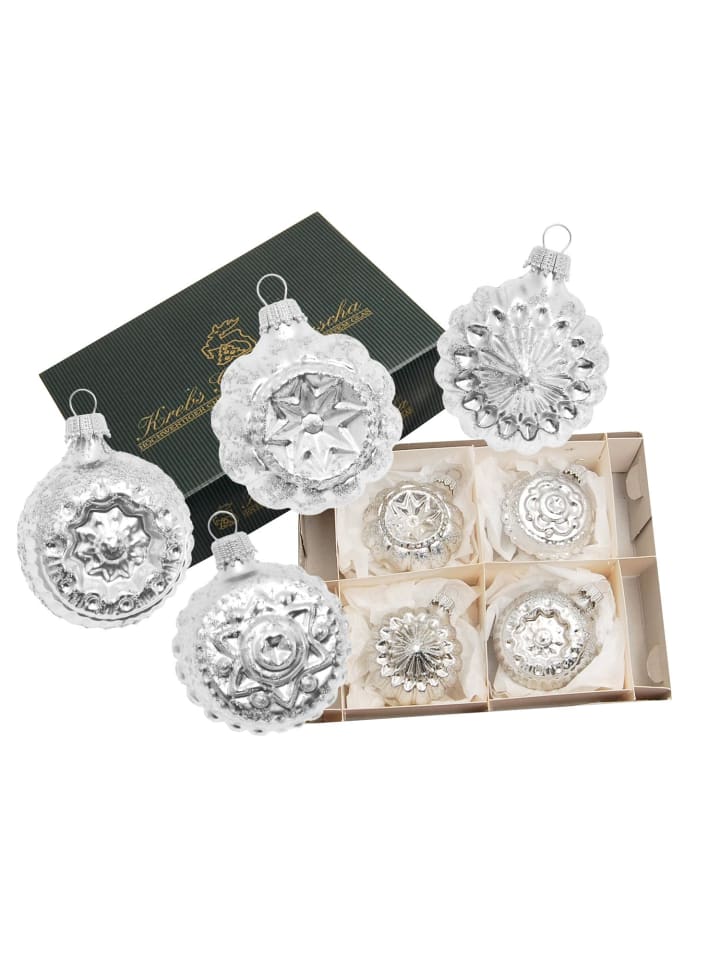 4er-Set: Baumschmuck-Glasornament in Silber