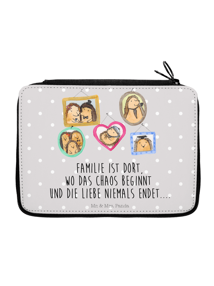 Federmäppchen Igel Familie mit Spruch in Grau Pastell