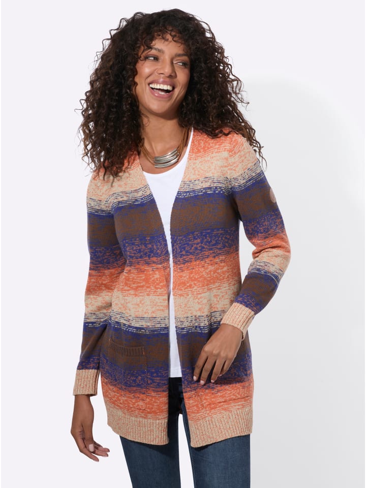 Long-Strickjacke in jeansblau-sand-meliert