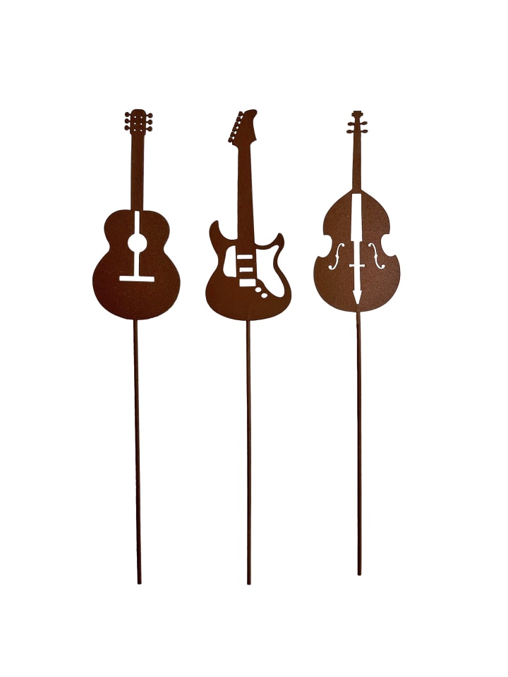3er Set Gartenstecker Rost Gitarren und Geige in Braun