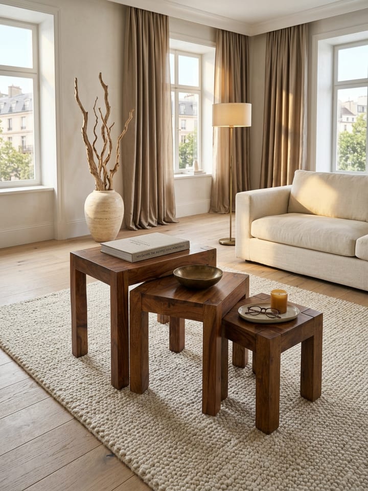 3er Set Satztisch Massiv-Holz Wohnzimmer-Tisch Landhaus-Stil in Massivholz
