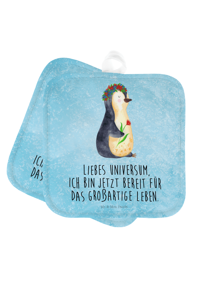 Topflappen Pinguin Blumen mit Spruch in Eisblau