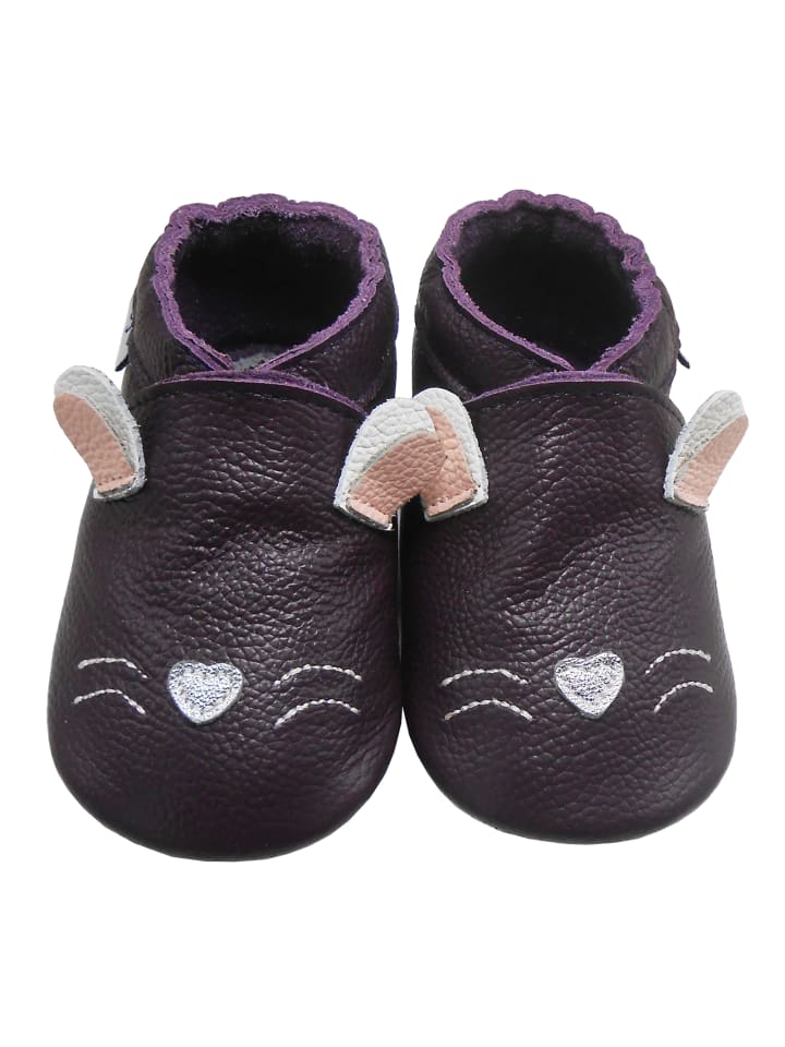 Tiefviolette Baby-Leder-Laufanfänger mit rutschfester Sohle – Kaninchen-Design