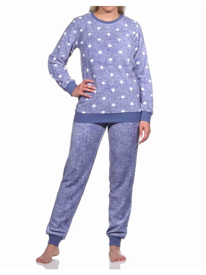 langarm Schlafanzug Bündchen Coralfleece Tupfen - 76750 in blau