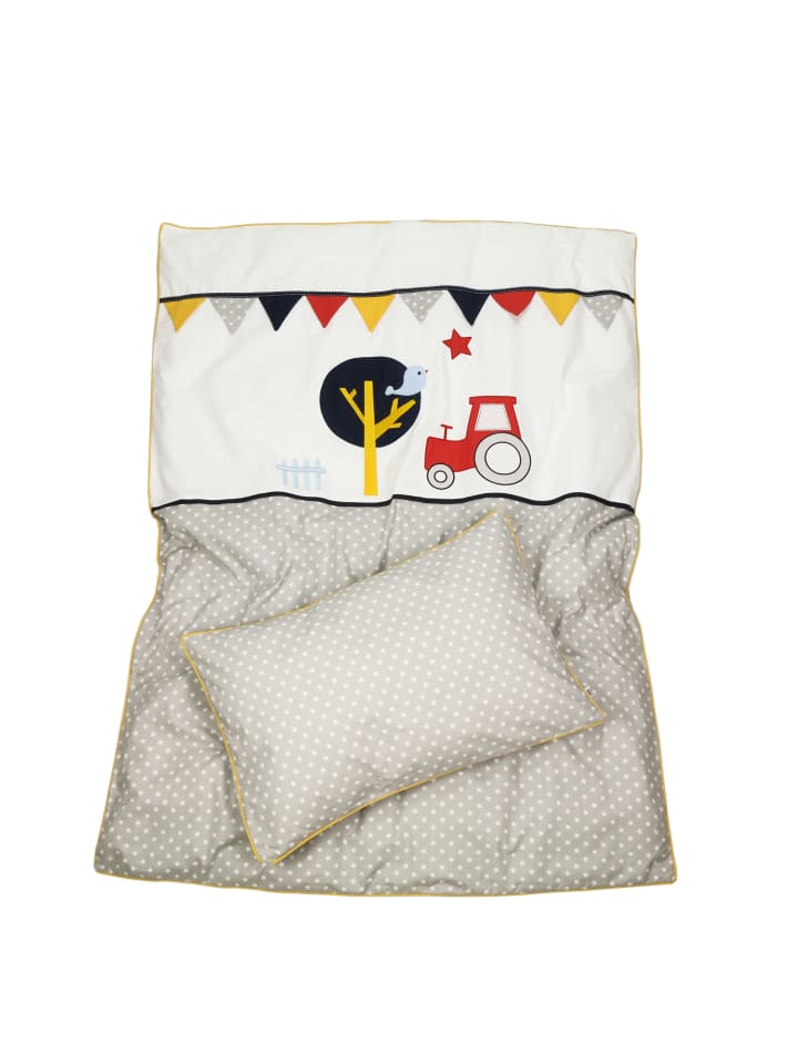 Babybettwäsche "TRAKTOR & SPATZ" in Grau/Gelb - (L) 135 x (B) 100cm