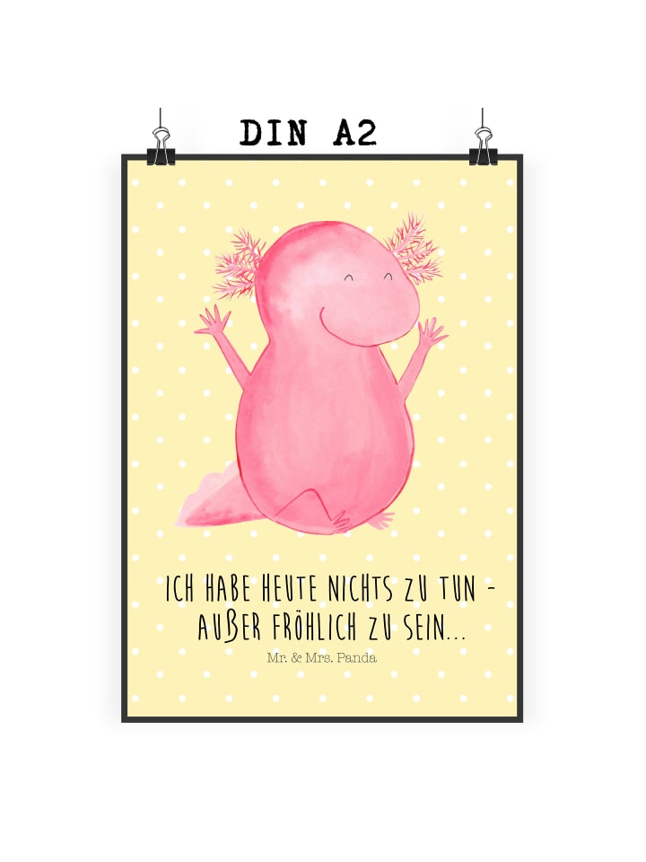 Plakat Axolotl Hurra mit Spruch in Gelb Pastell