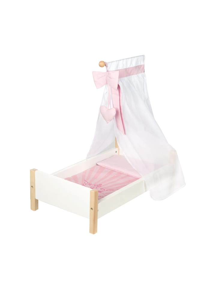 Puppenbett Scarlett – weiß lackiert, mit Bettwäsche & Himmel in Rosa