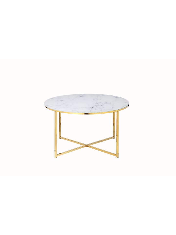 Couchtisch rund Ø 80 cm Glasplatte Weiß Marmoroptik Metallgestell in Goldfarben