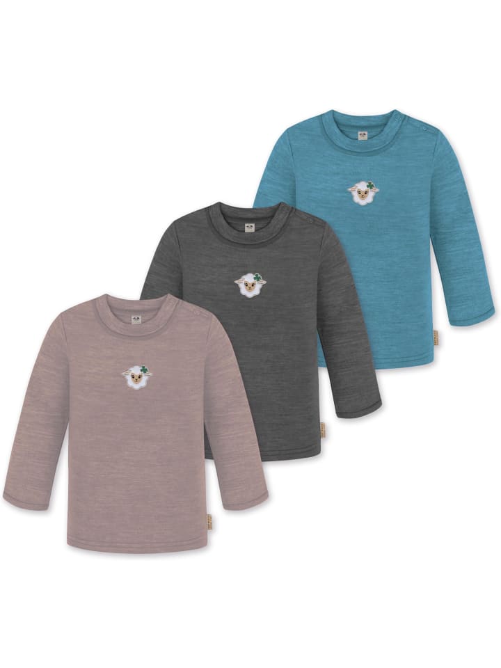 3er Pack Baby Merino Longsleeve Taupo in Blau/Anthrazit/Rosa