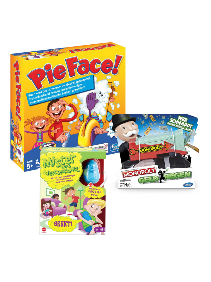 3er Spiele Bundle Pie Face, Mister Pups, Monopoly Geldregen in mehrfarbig