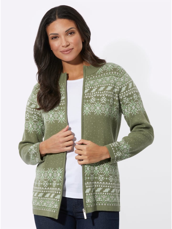 Jacquard-Strickjacke in khaki-ecru-gemustert