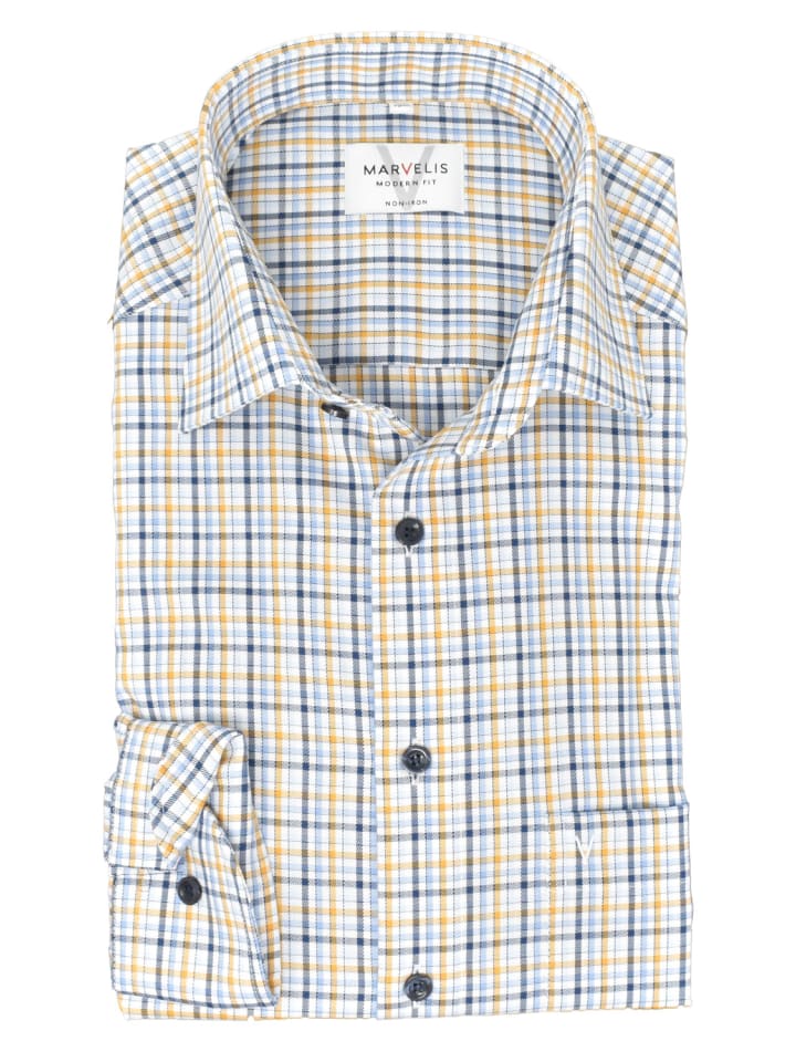 Modern Fit Businesshemd in Blau/Gelb