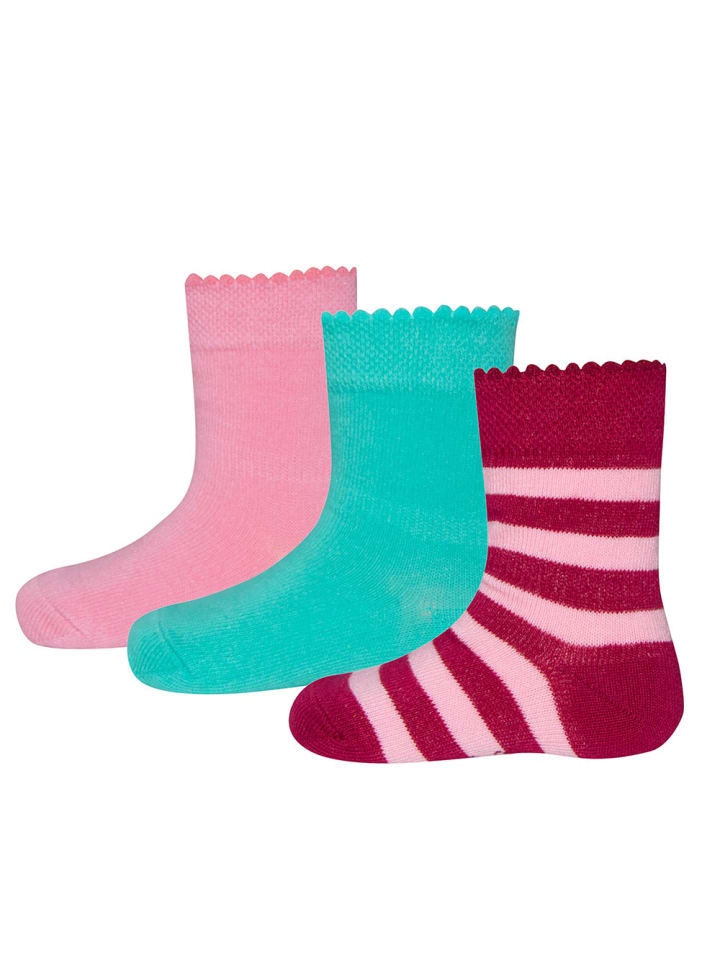 3er-Set Socken 3er Pack Ringel/Uni in rot-rosa-türkis