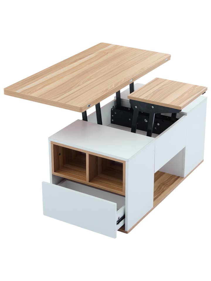 Hebbarer Couchtisch in Weiß mit Originalholzfarbe zu 2 Tischen öffnend