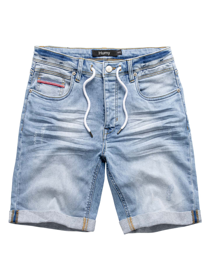 Bermuda Jeans Shorts mit Used-Denim und Kordelzug A&S in Hellblau