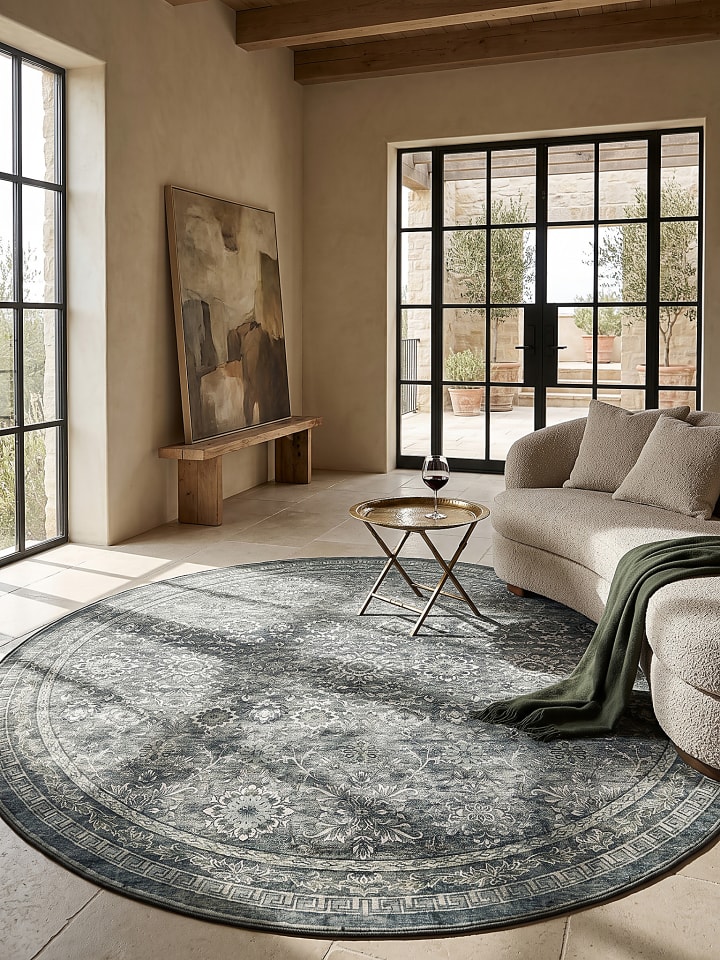 Teppich Kurzflor waschbar VERNANTE Vintage Wohnzimmer Diele in Grün-Grau