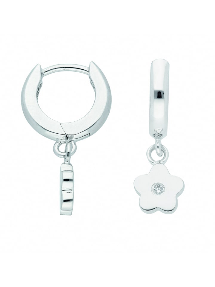 Damen 925 Silber Ohrringe / Creolen Blüte mit Zirkonia Ø 11,9 mm in silber