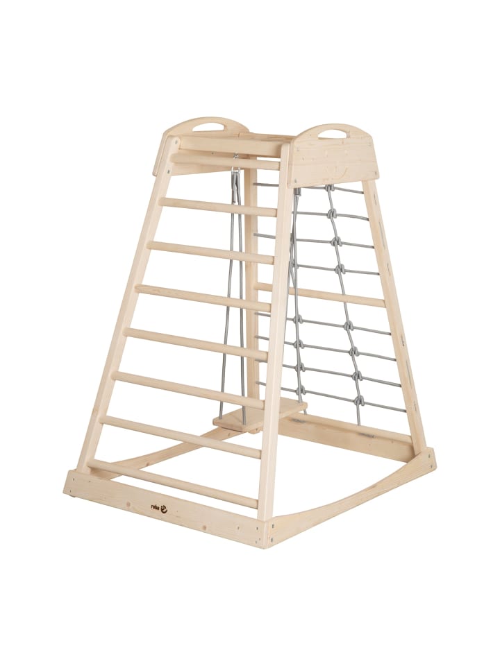 Klettergerüst Montessori aus Holz, mit Seil & Schaukel, Natur/Grau