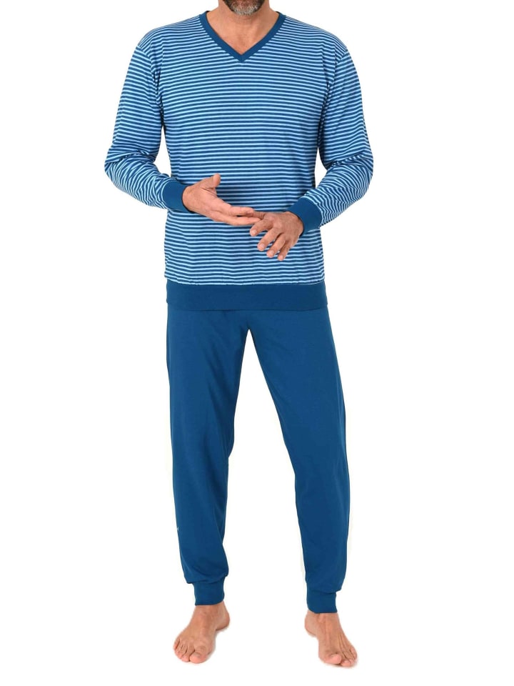 Langarm Schlafanzug Pyjama Streifen in blau