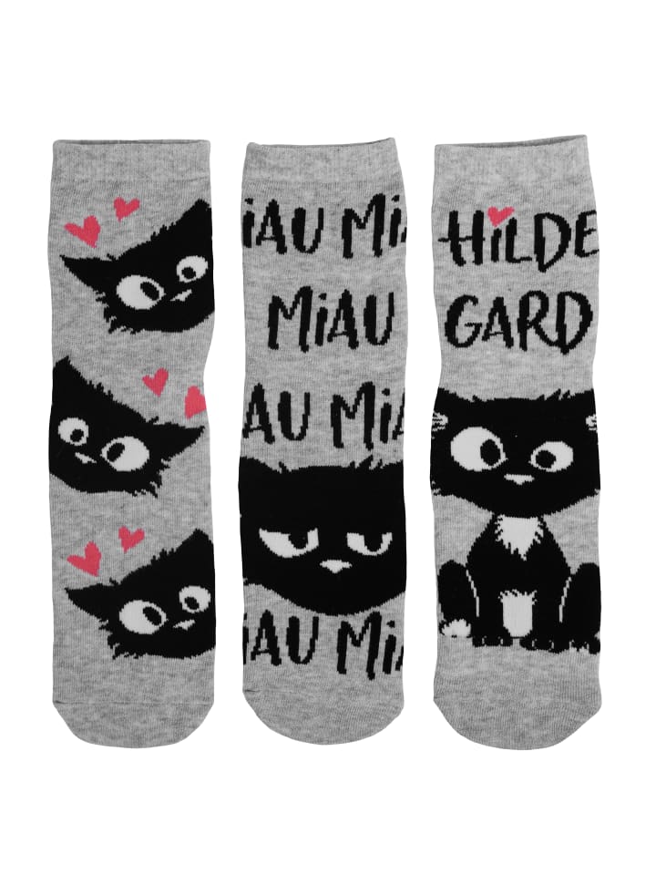 3er Pack Ralf Schmitz Socken - Hildegard Sneaker Katze in grau
