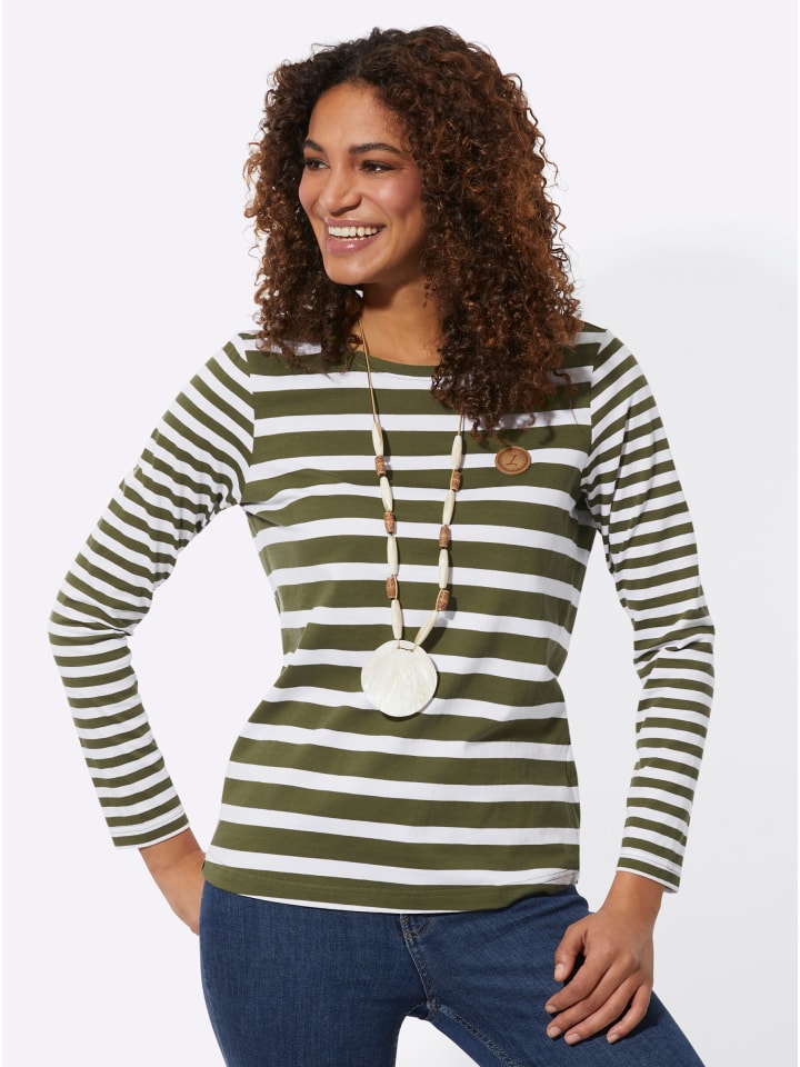 Shirt in oliv-weiß-geringelt