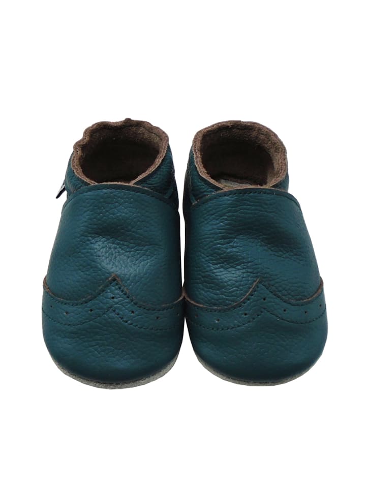 Dunkelgrüne Baby Leder Krabbelschuhe, mit rutschfester Sohle – Wellenmuster