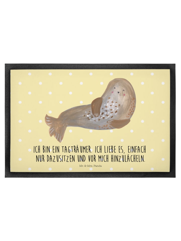 Sauberlaufmatte Robbe Lachen mit Spruch in Gelb Pastell