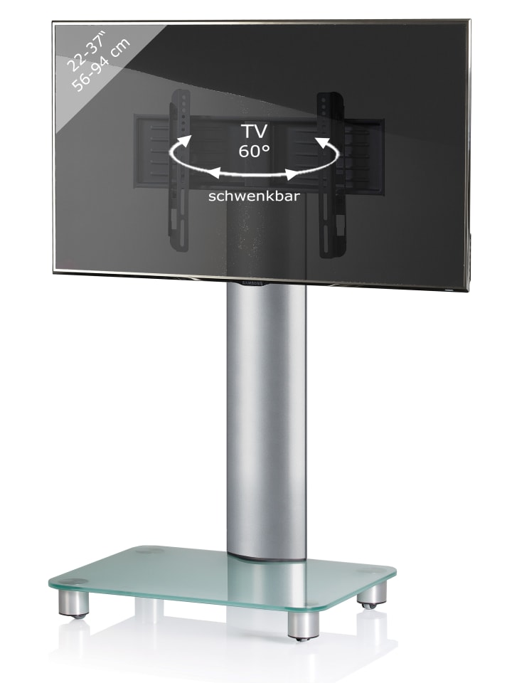 TV Standfuß Ständer Rack Alu Glas Rollen Blino in Mattglas