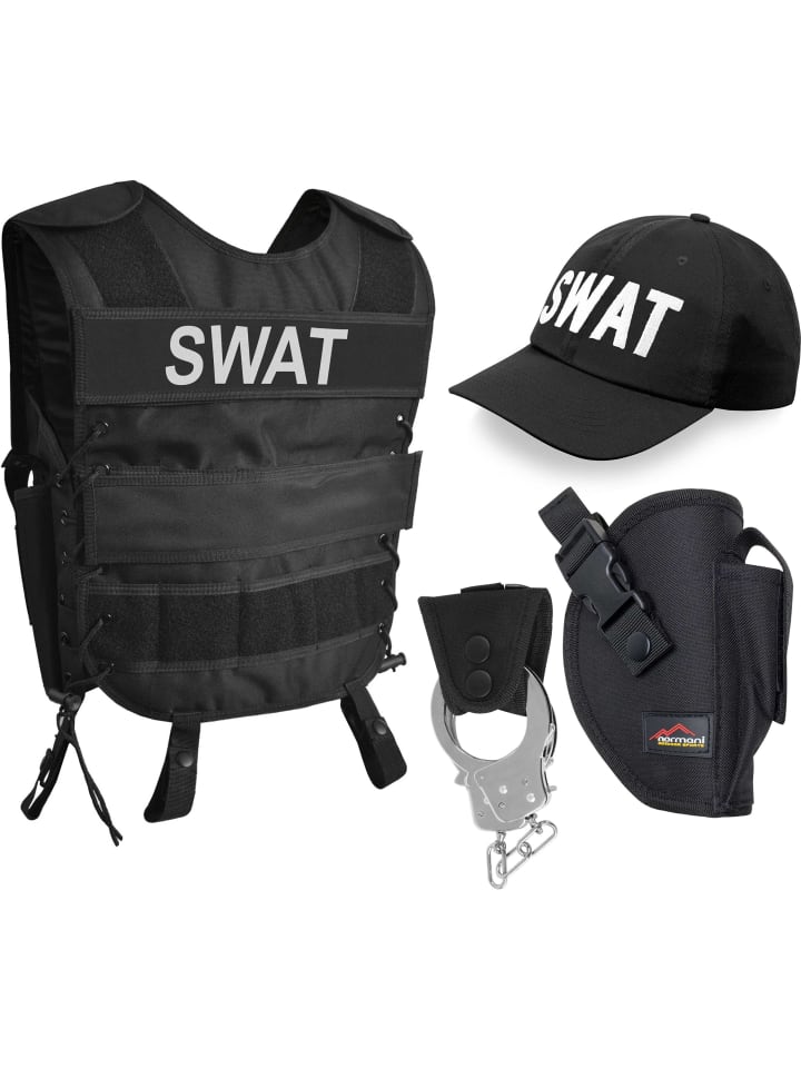 Kostüm inkl. Weste mit Patch, Cap, Pistolenholster, Handschellen in SWAT