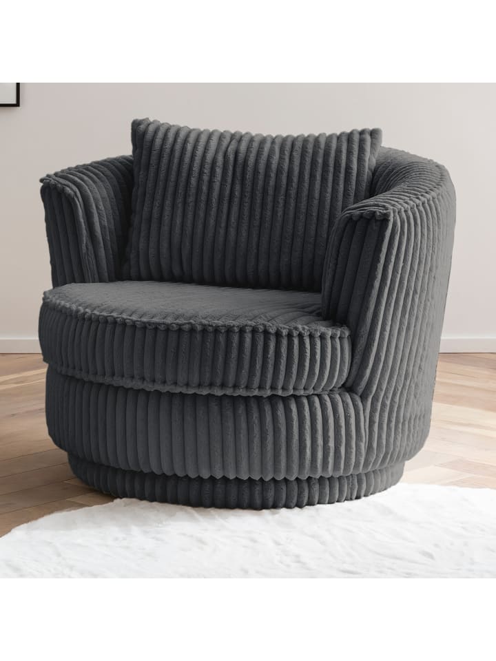 Big-Sessel Relaxsessel Mega Cord grau Ø 95 cm 360° drehbar, inklusive Kissen