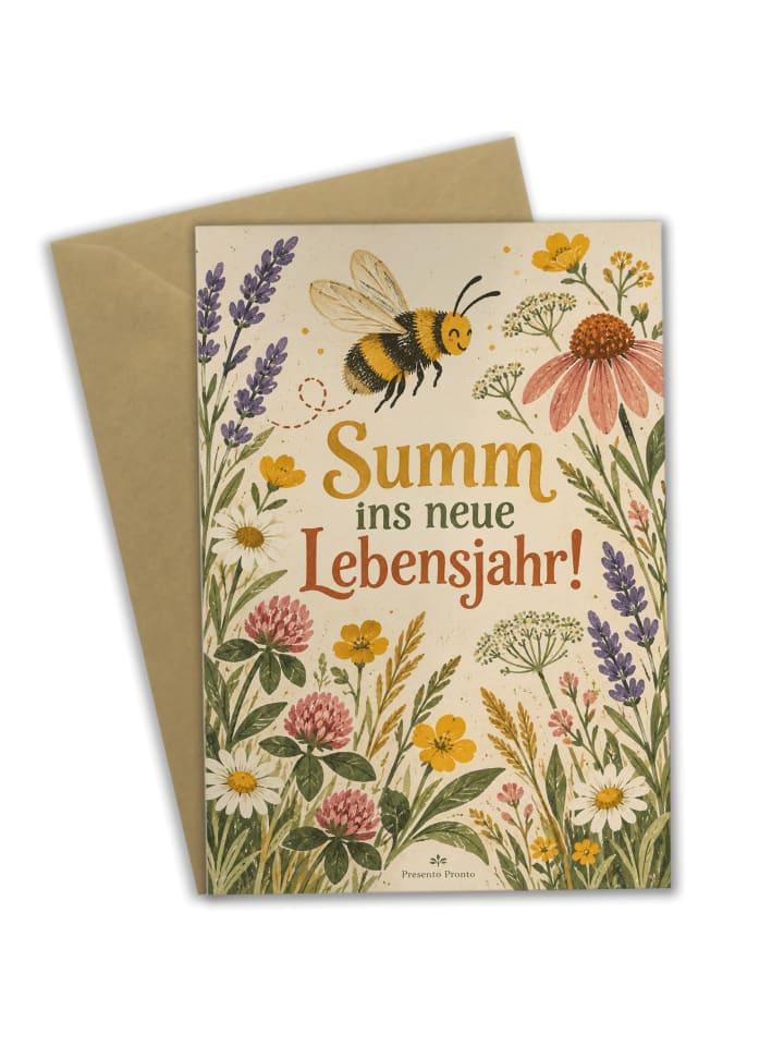 Geburtstagskarte Biene festlich Design mit Spruch in Weiß